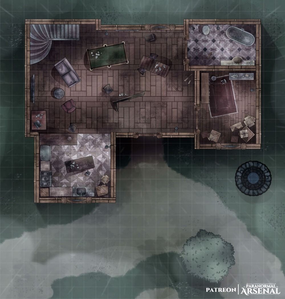 ruined hospital map, carte de JDR post-apocalyptique (1000×1049 pixels) — battlemap pour Roll20 et Foundry VTT.