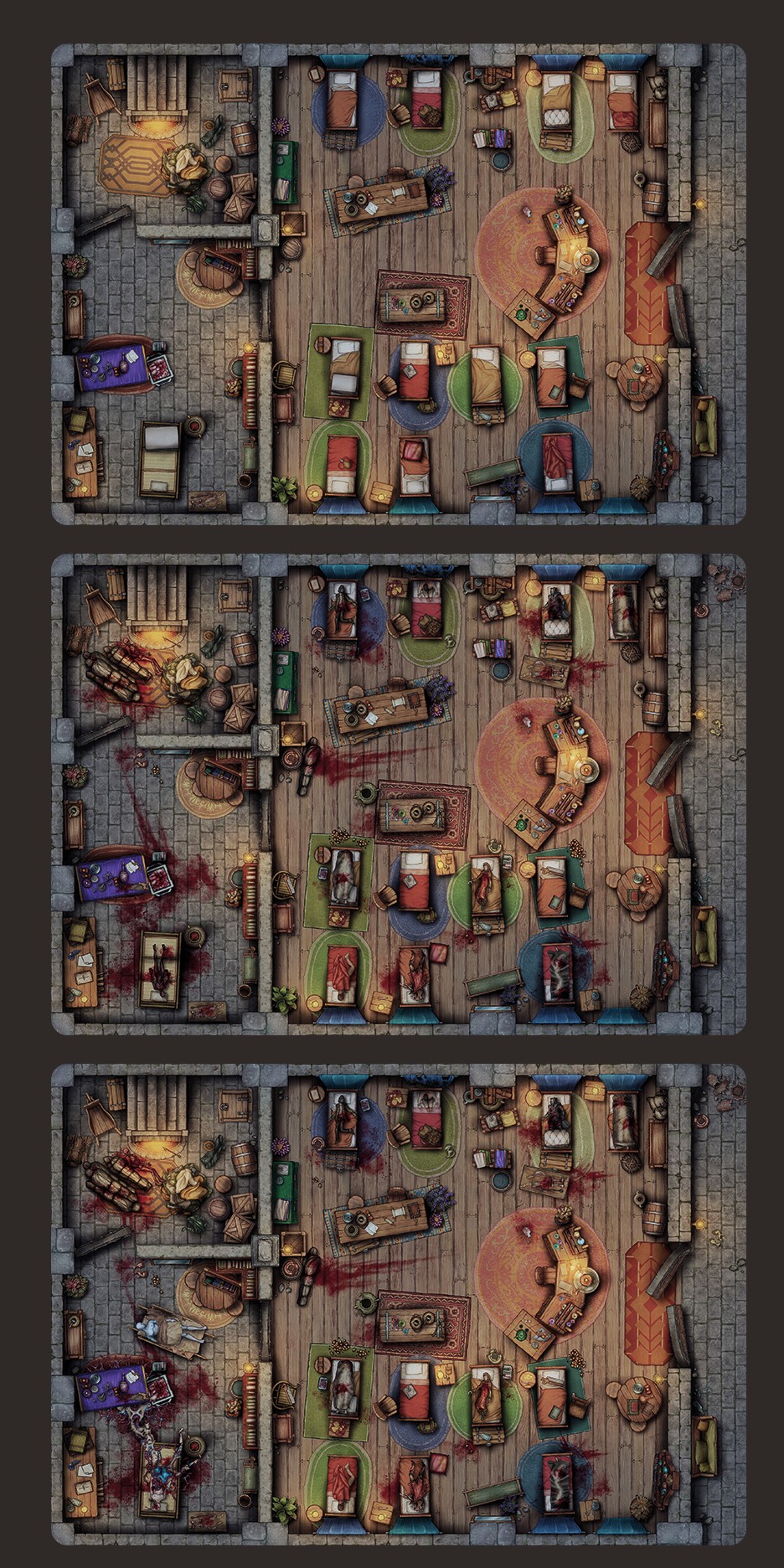 ruined hospital map, carte de JDR post-apocalyptique (936×1872 pixels) — battlemap pour Roll20 et Foundry VTT.