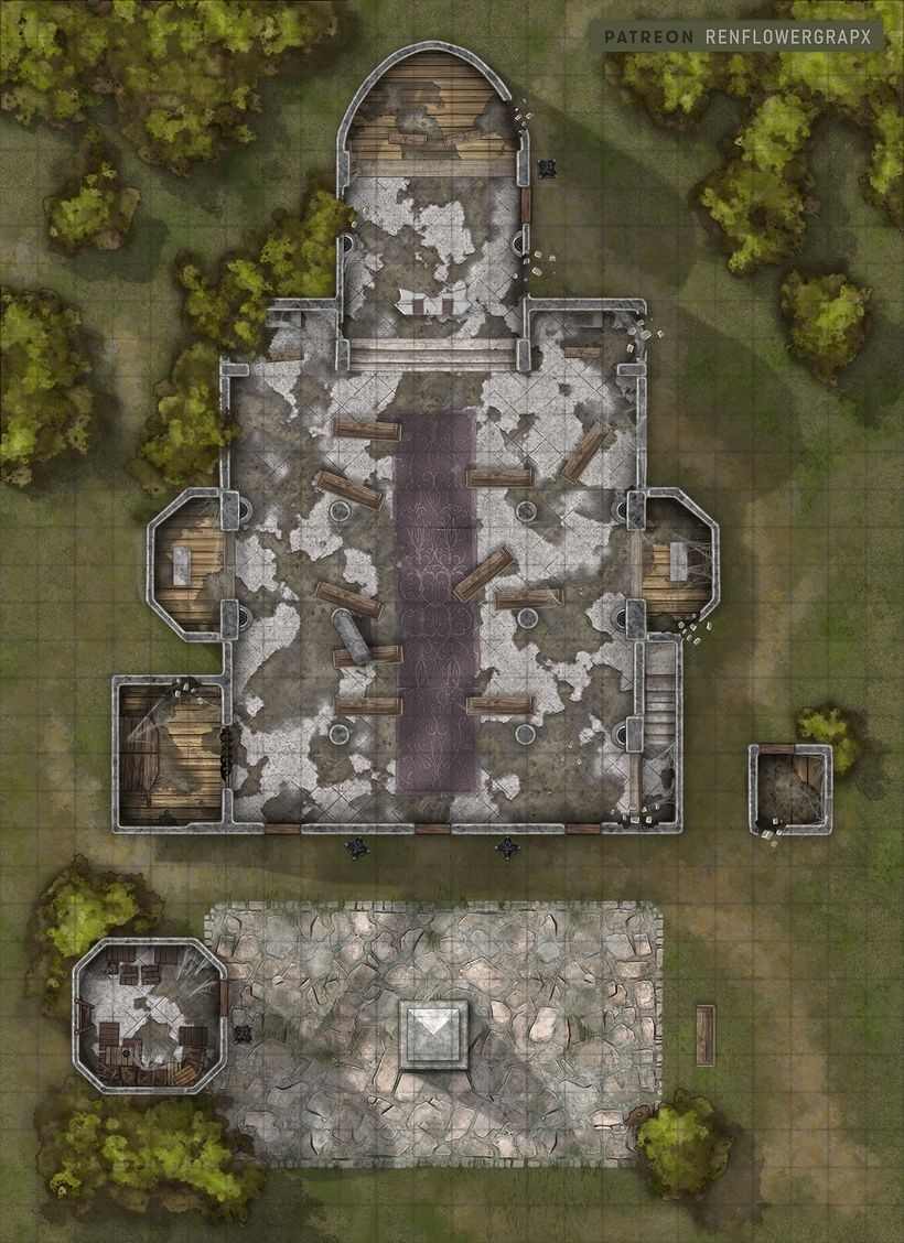 ruined hospital map, carte de JDR post-apocalyptique (820×1128 pixels) — battlemap pour Roll20 et Foundry VTT.