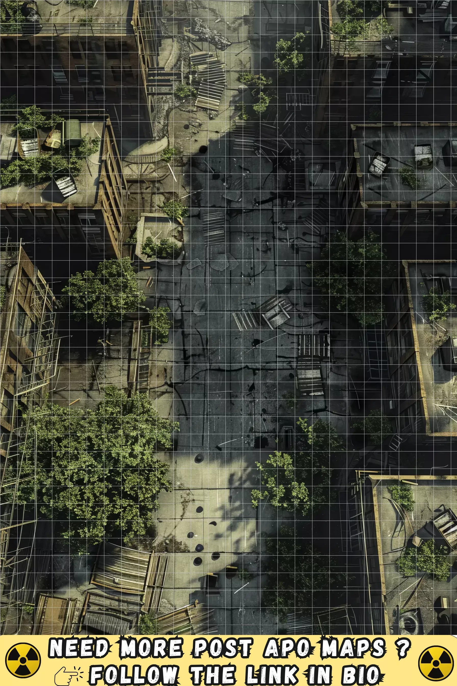 ruined skyscraper map, carte de JDR post-apocalyptique (1792×2688 pixels) — battlemap pour Roll20 et Foundry VTT.