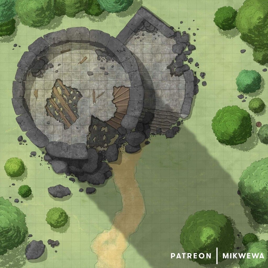 ruined skyscraper map, carte de JDR post-apocalyptique (1024×1024 pixels) — battlemap pour Roll20 et Foundry VTT.