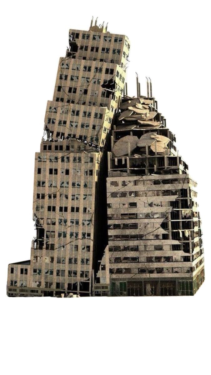 ruined skyscraper map, carte de JDR post-apocalyptique (675×1200 pixels) — battlemap pour Roll20 et Foundry VTT.