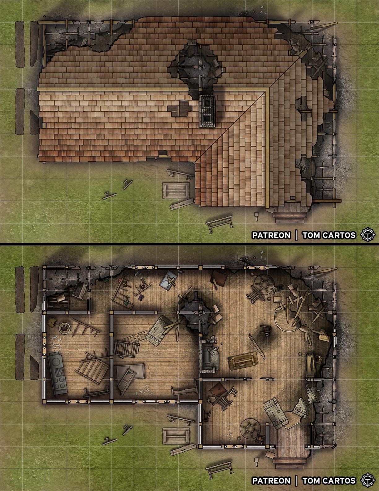ruined skyscraper map, carte de JDR post-apocalyptique (1224×1584 pixels) — battlemap pour Roll20 et Foundry VTT.