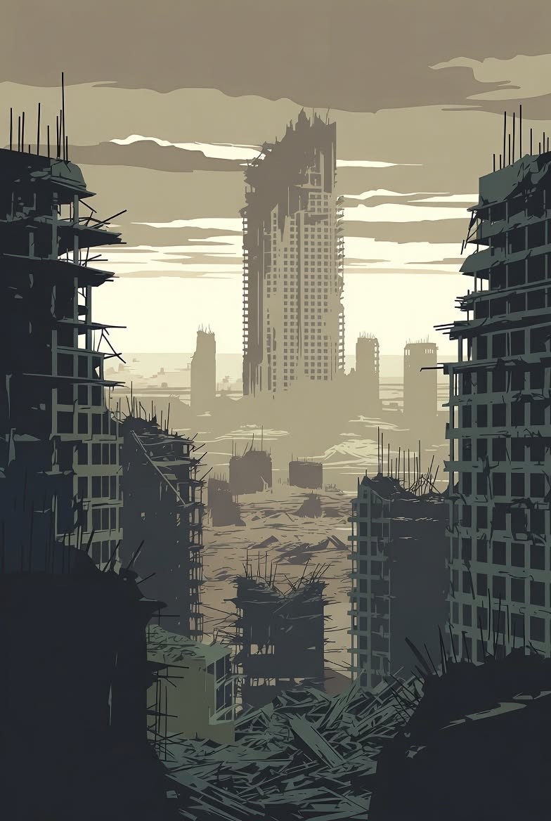 ruined skyscraper map, carte de JDR post-apocalyptique (784×1168 pixels) — battlemap pour Roll20 et Foundry VTT.