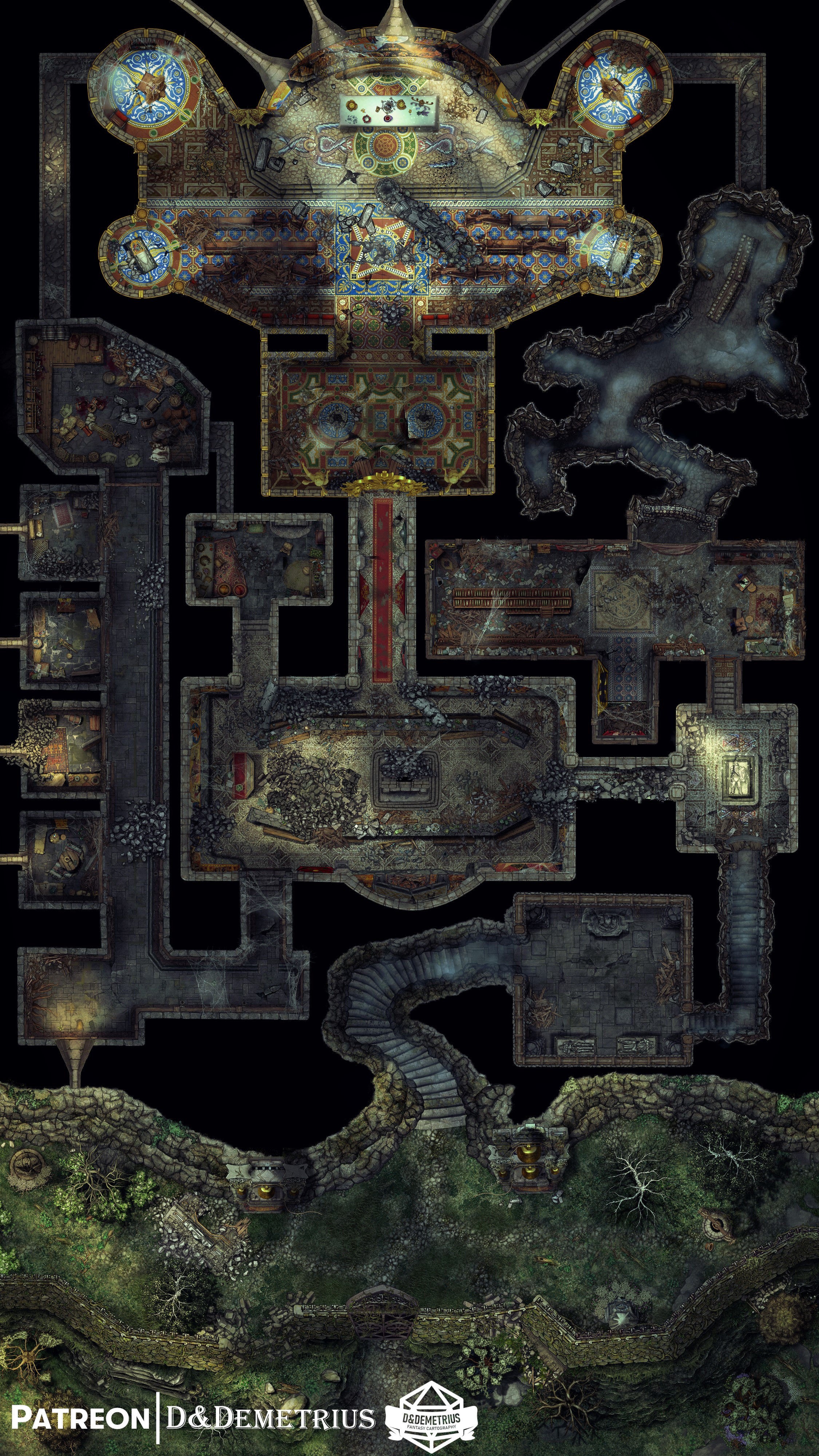 ruins map dnd, carte de JDR fantasy (2250×4000 pixels) — battlemap pour Roll20 et Foundry VTT.