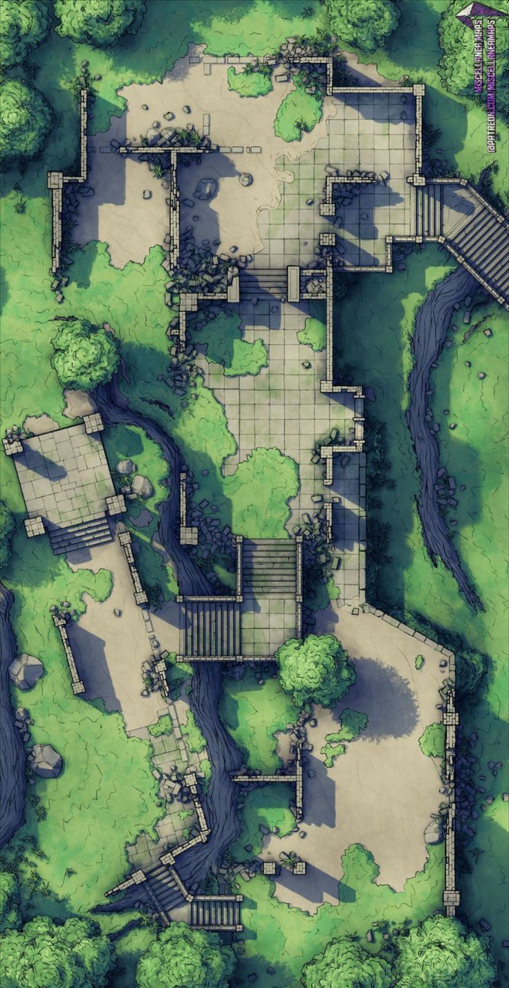 ruins map dnd, carte de JDR fantasy (736×1428 pixels) — battlemap pour Roll20 et Foundry VTT.