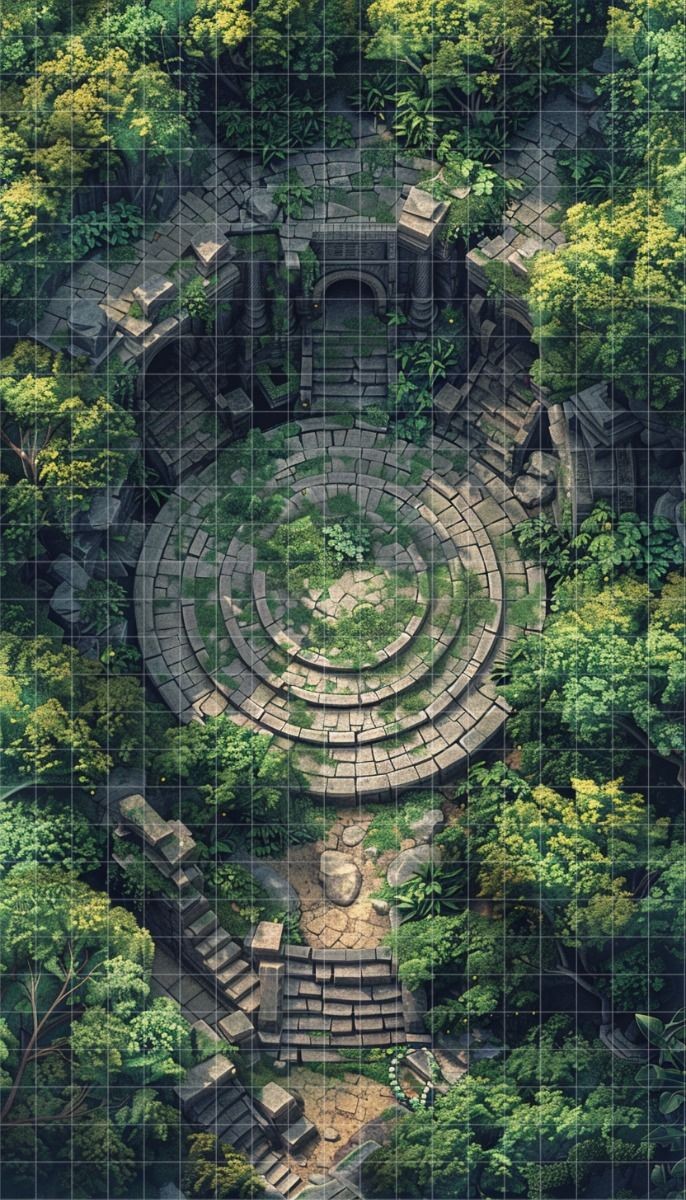ruins map dnd, carte de JDR fantasy (686×1200 pixels) — battlemap pour Roll20 et Foundry VTT.