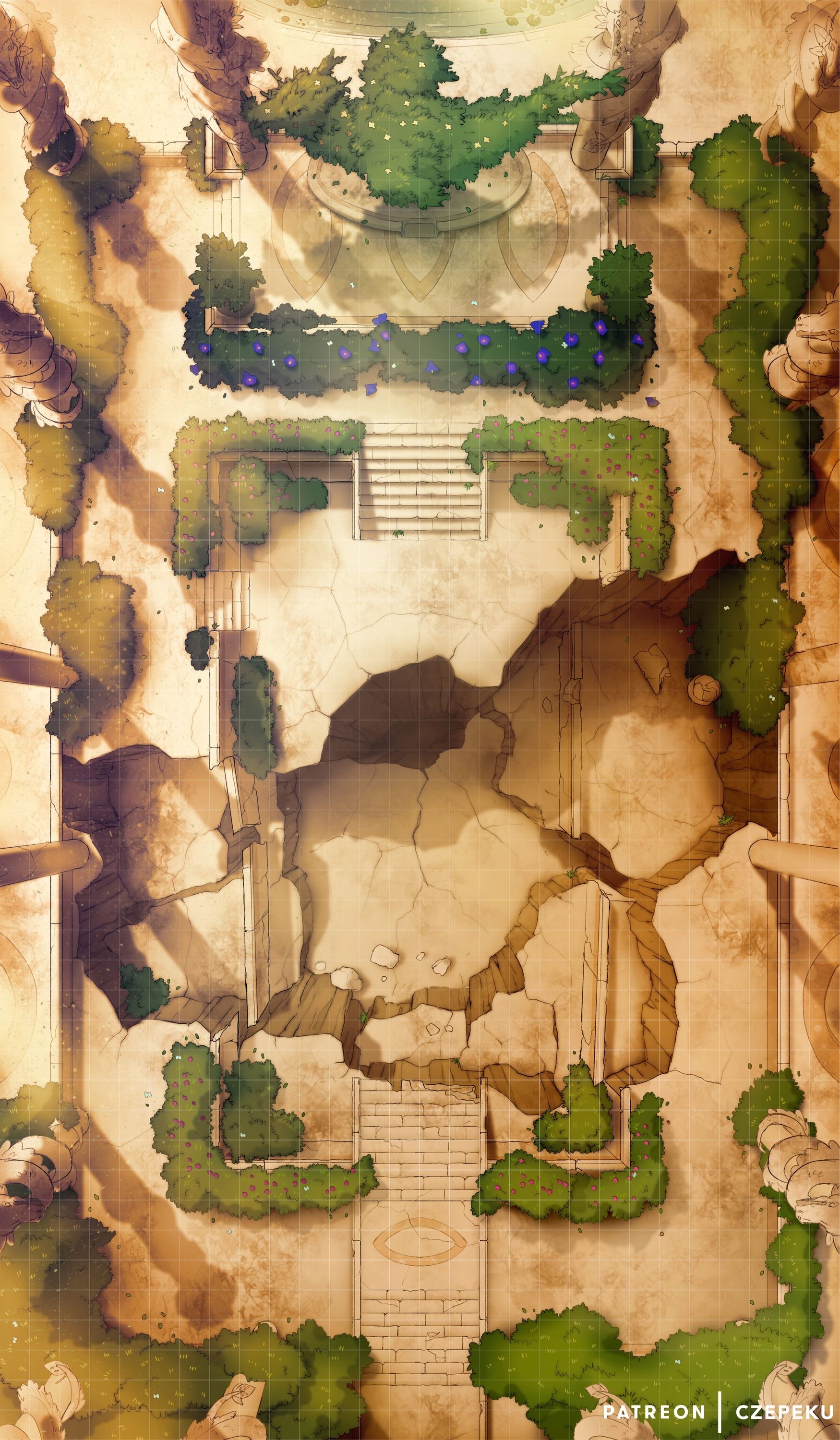 ruins map dnd, carte de JDR fantasy (1750×3000 pixels) — battlemap pour Roll20 et Foundry VTT.