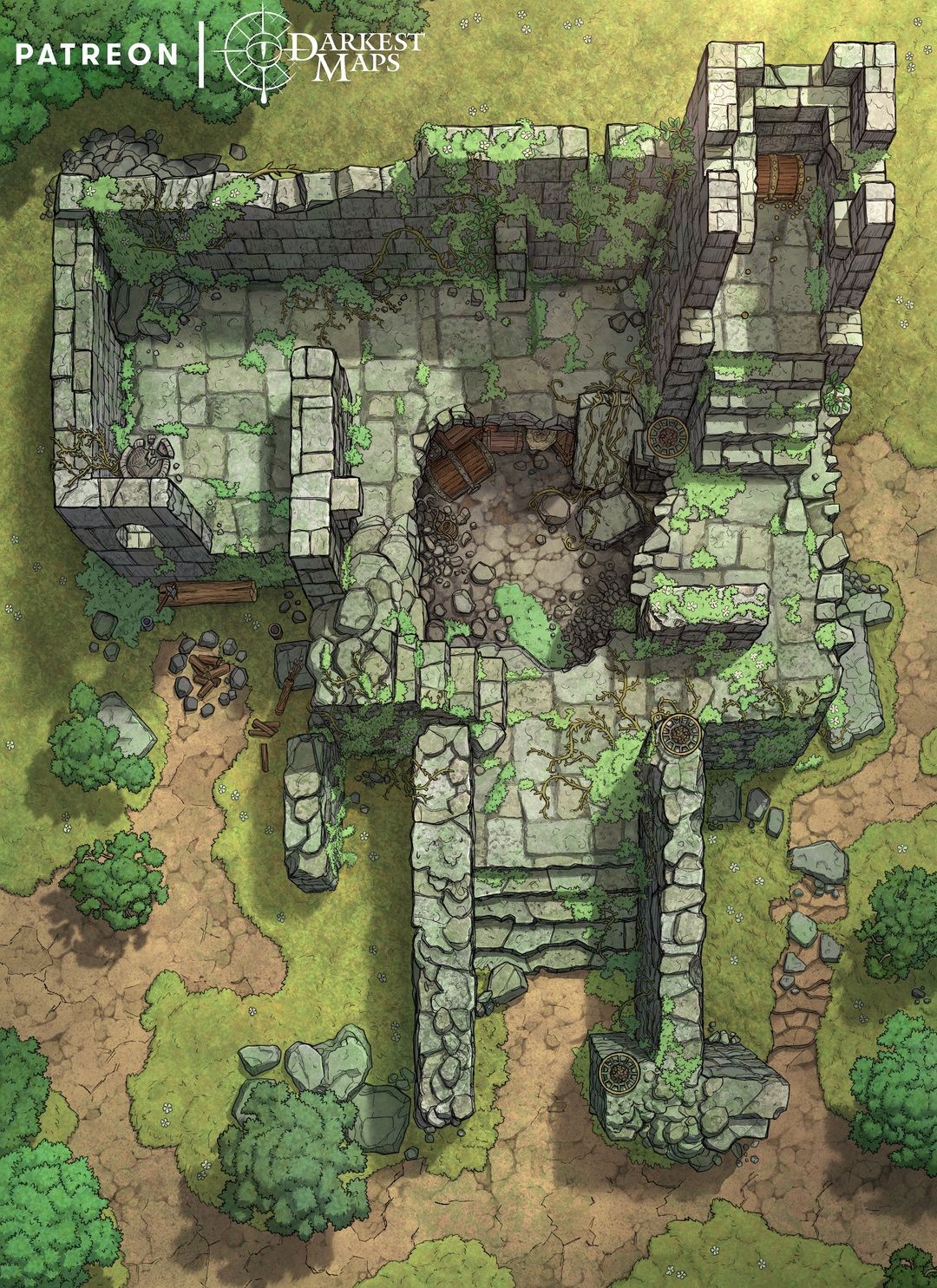 ruins map dnd, carte de JDR fantasy (1080×1485 pixels) — battlemap pour Roll20 et Foundry VTT.