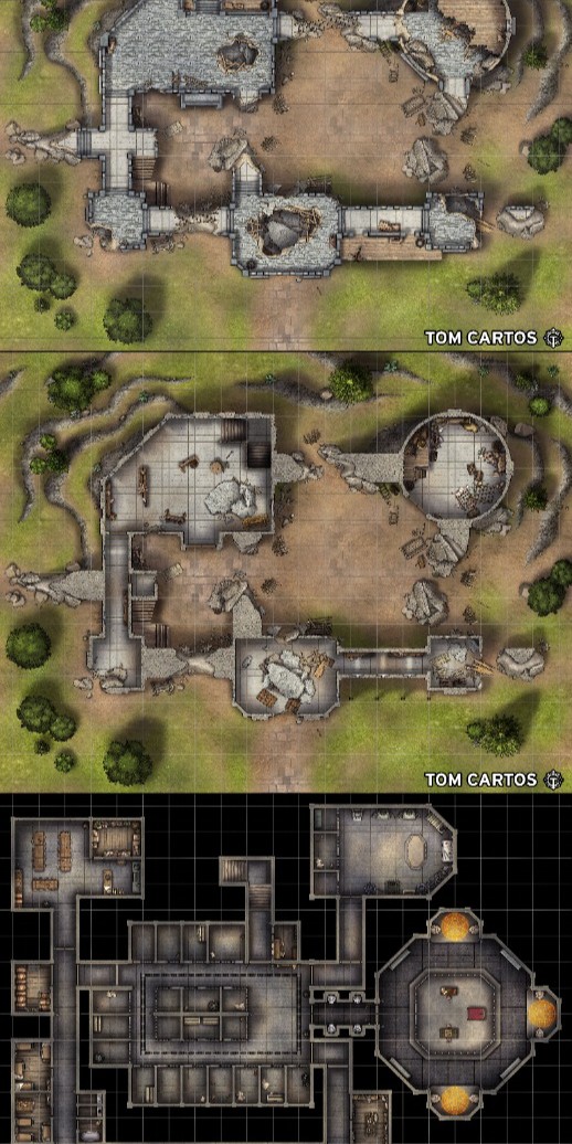 ruins map dnd, carte de JDR fantasy (518×1036 pixels) — battlemap pour Roll20 et Foundry VTT.