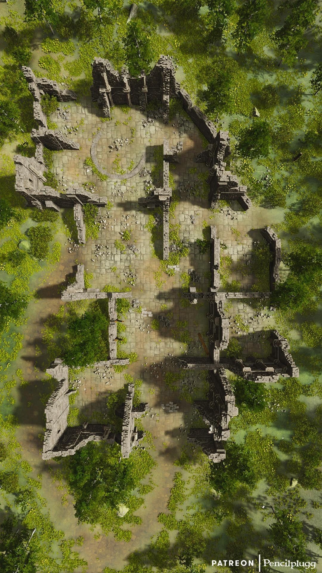 ruins map dnd, carte de JDR fantasy (1080×1920 pixels) — battlemap pour Roll20 et Foundry VTT.