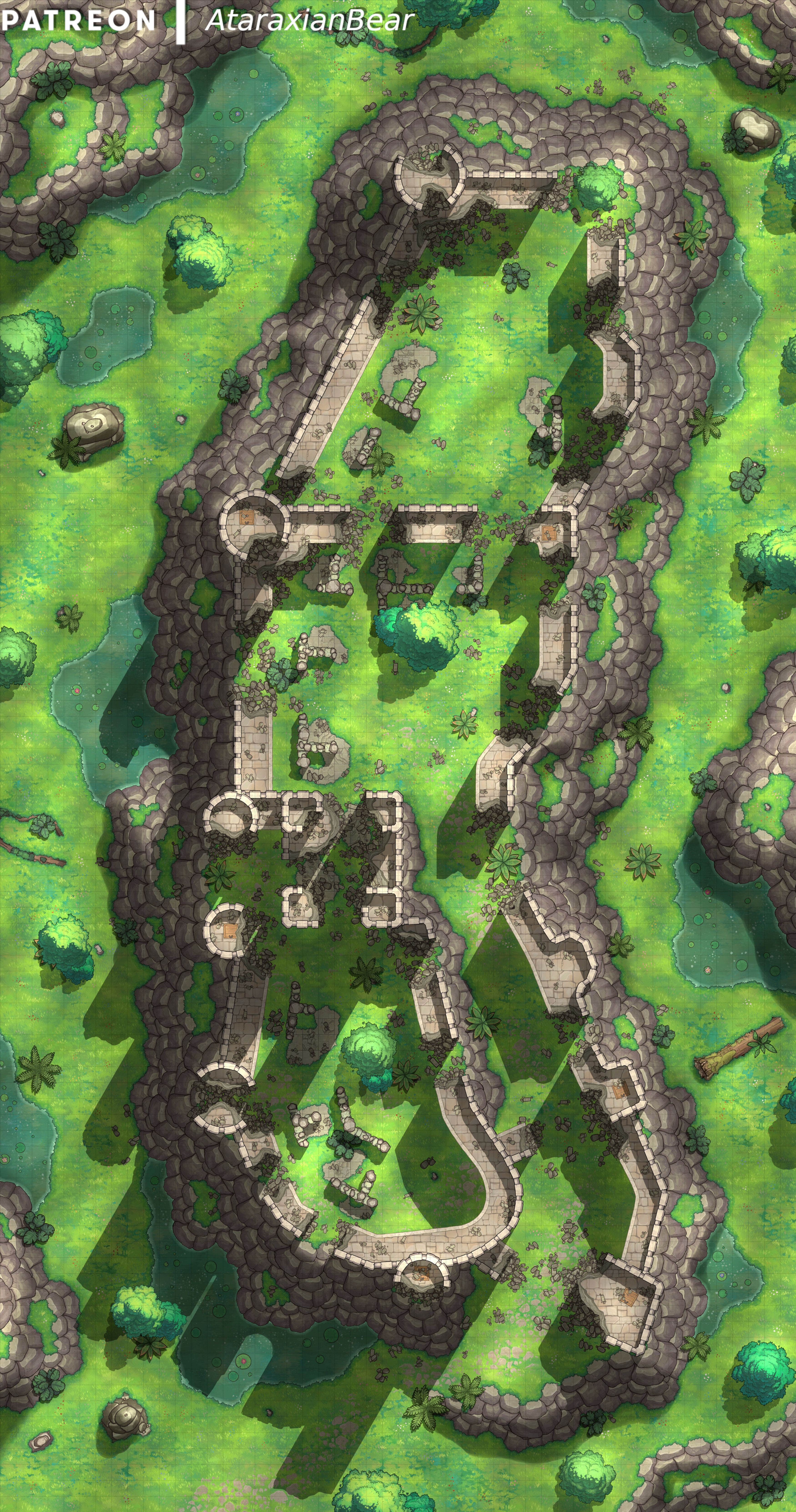 ruins map dnd, carte de JDR fantasy (3500×6650 pixels) — battlemap pour Roll20 et Foundry VTT.