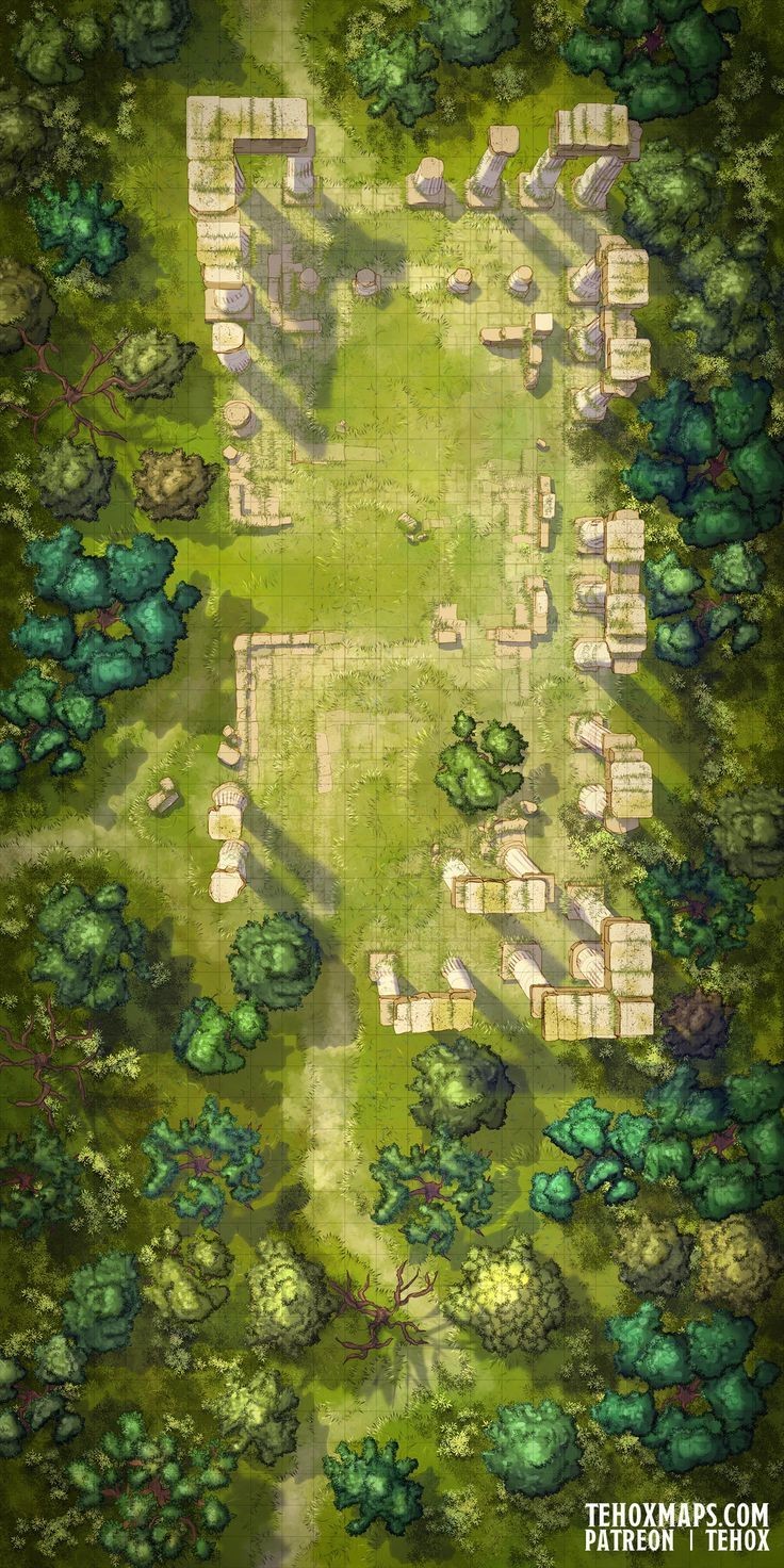 ruins map dnd, carte de JDR fantasy (736×1472 pixels) — battlemap pour Roll20 et Foundry VTT.
