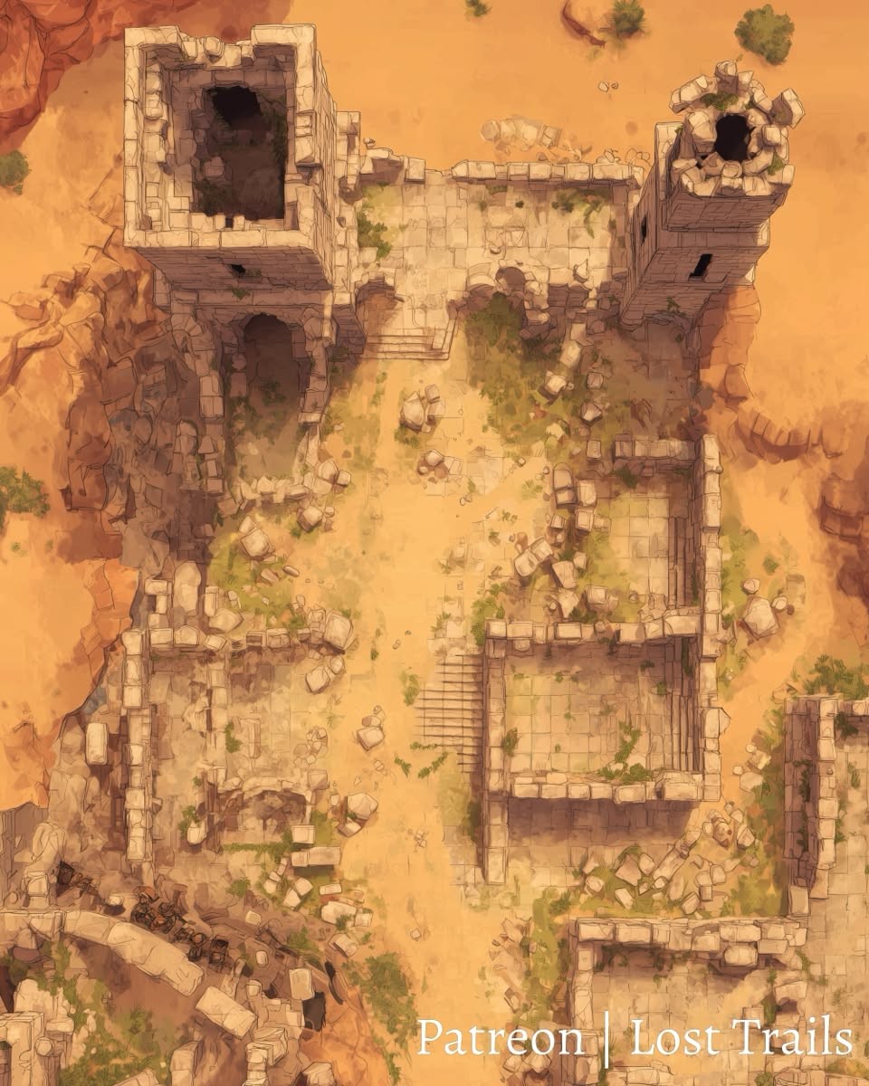 ruins map dnd, carte de JDR fantasy (960×1200 pixels) — battlemap pour Roll20 et Foundry VTT.