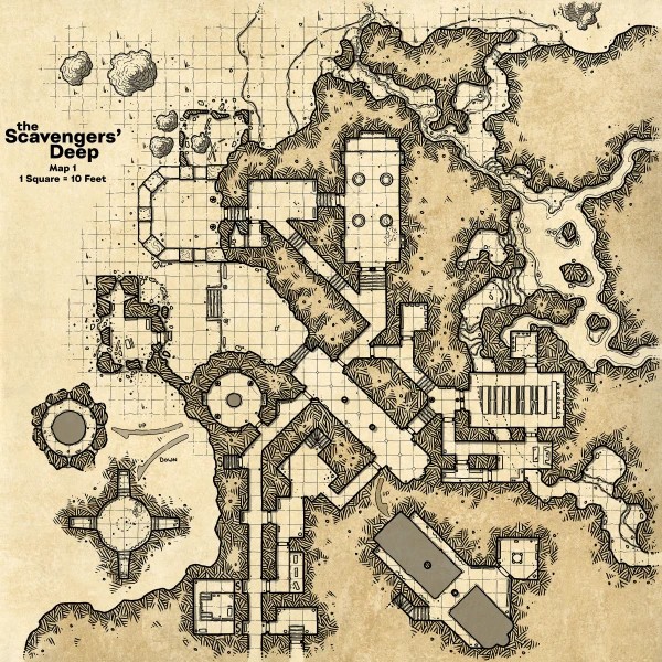 scavenged shelter map, carte de JDR post-apocalyptique (600×600 pixels) — battlemap pour Roll20 et Foundry VTT.