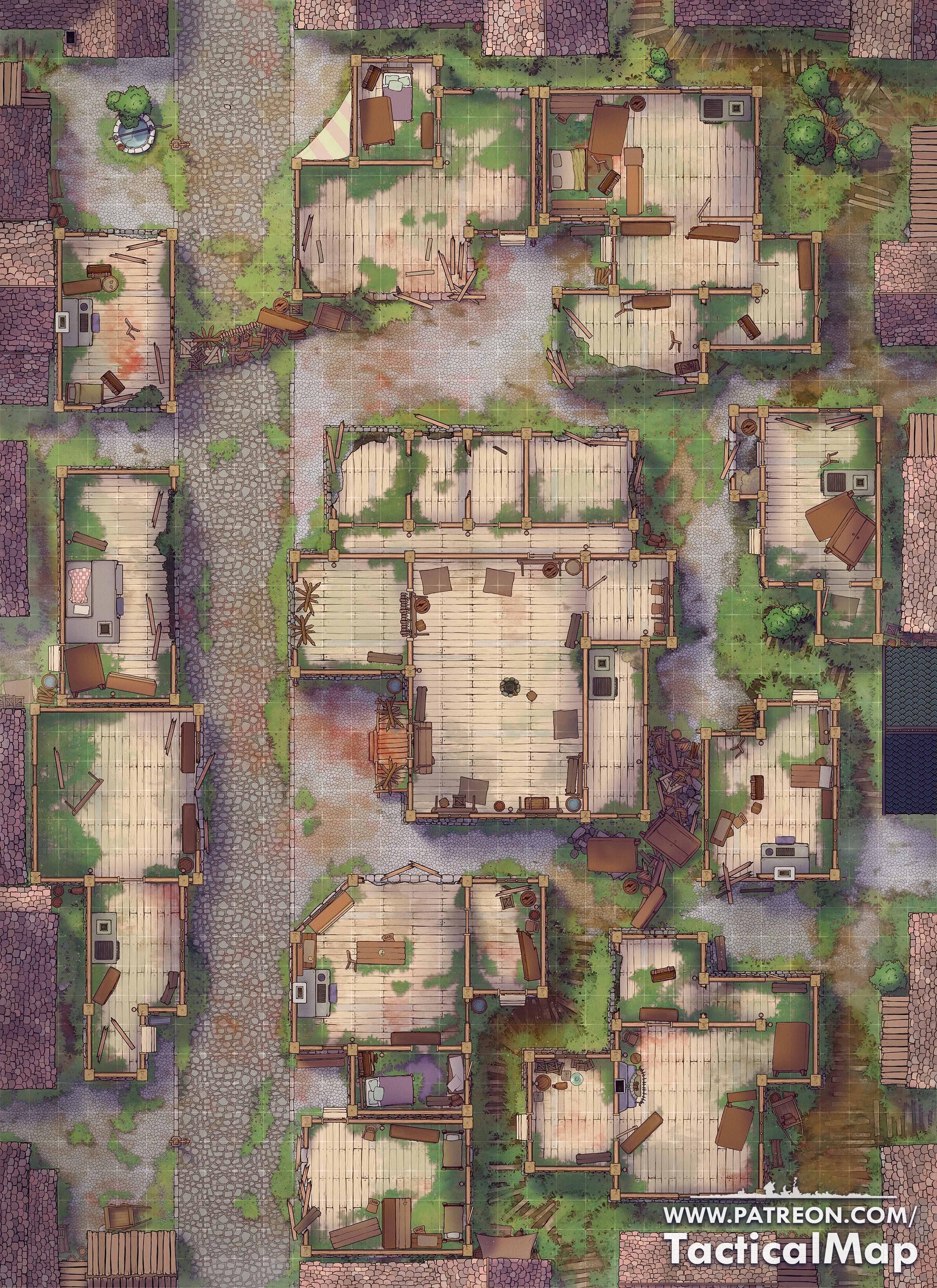 scavenged shelter map, carte de JDR post-apocalyptique (2240×3080 pixels) — battlemap pour Roll20 et Foundry VTT.