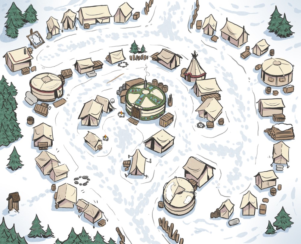scavenged shelter map, carte de JDR post-apocalyptique (1000×813 pixels) — battlemap pour Roll20 et Foundry VTT.