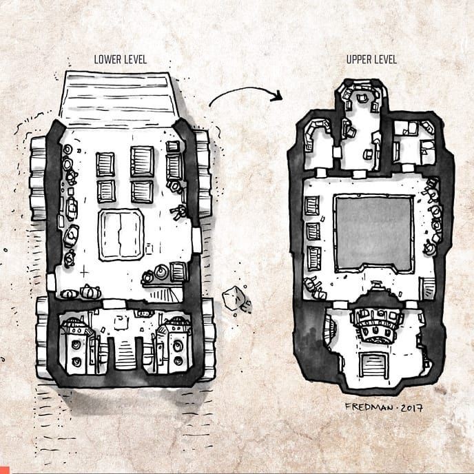 scavenged shelter map, carte de JDR post-apocalyptique (688×688 pixels) — battlemap pour Roll20 et Foundry VTT.