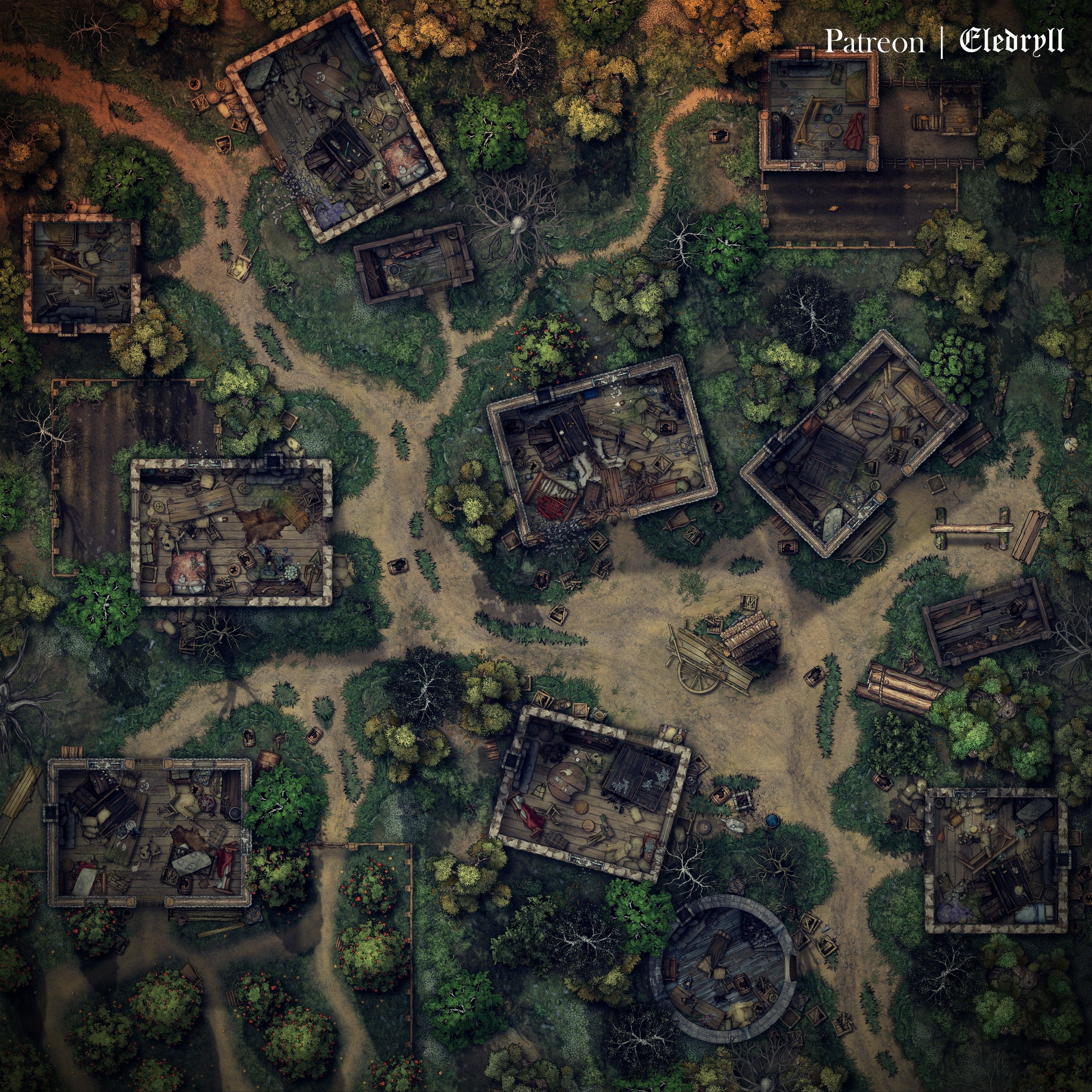 scavenged shelter map, carte de JDR post-apocalyptique (4000×4000 pixels) — battlemap pour Roll20 et Foundry VTT.