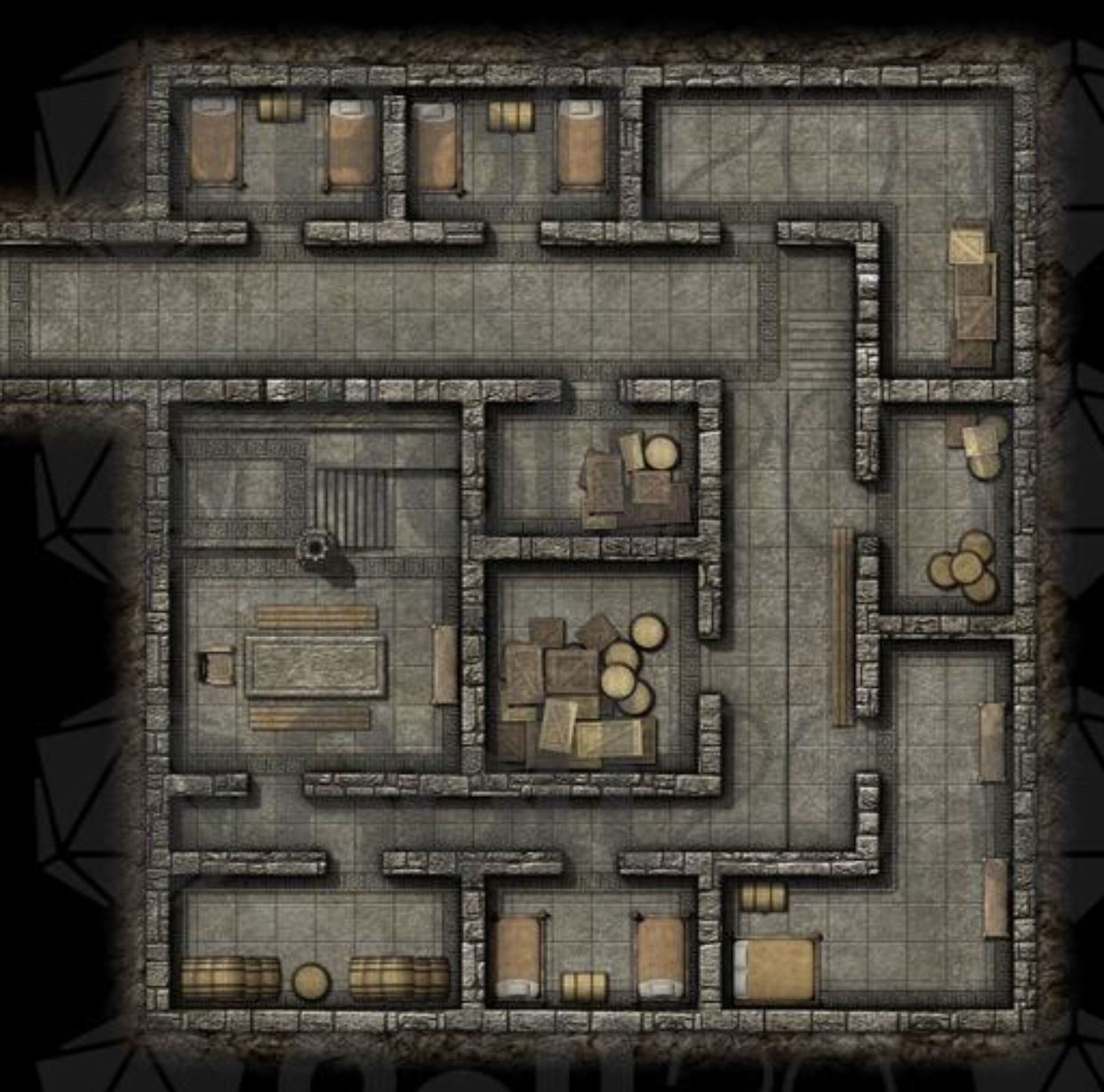 scavenged shelter map, carte de JDR post-apocalyptique (1242×1229 pixels) — battlemap pour Roll20 et Foundry VTT.