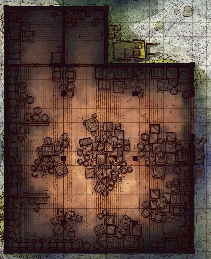 scavenged shelter map, carte de JDR post-apocalyptique (736×902 pixels) — battlemap pour Roll20 et Foundry VTT.