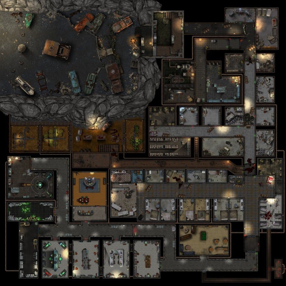 scavenged shelter map, carte de JDR post-apocalyptique (960×960 pixels) — battlemap pour Roll20 et Foundry VTT.