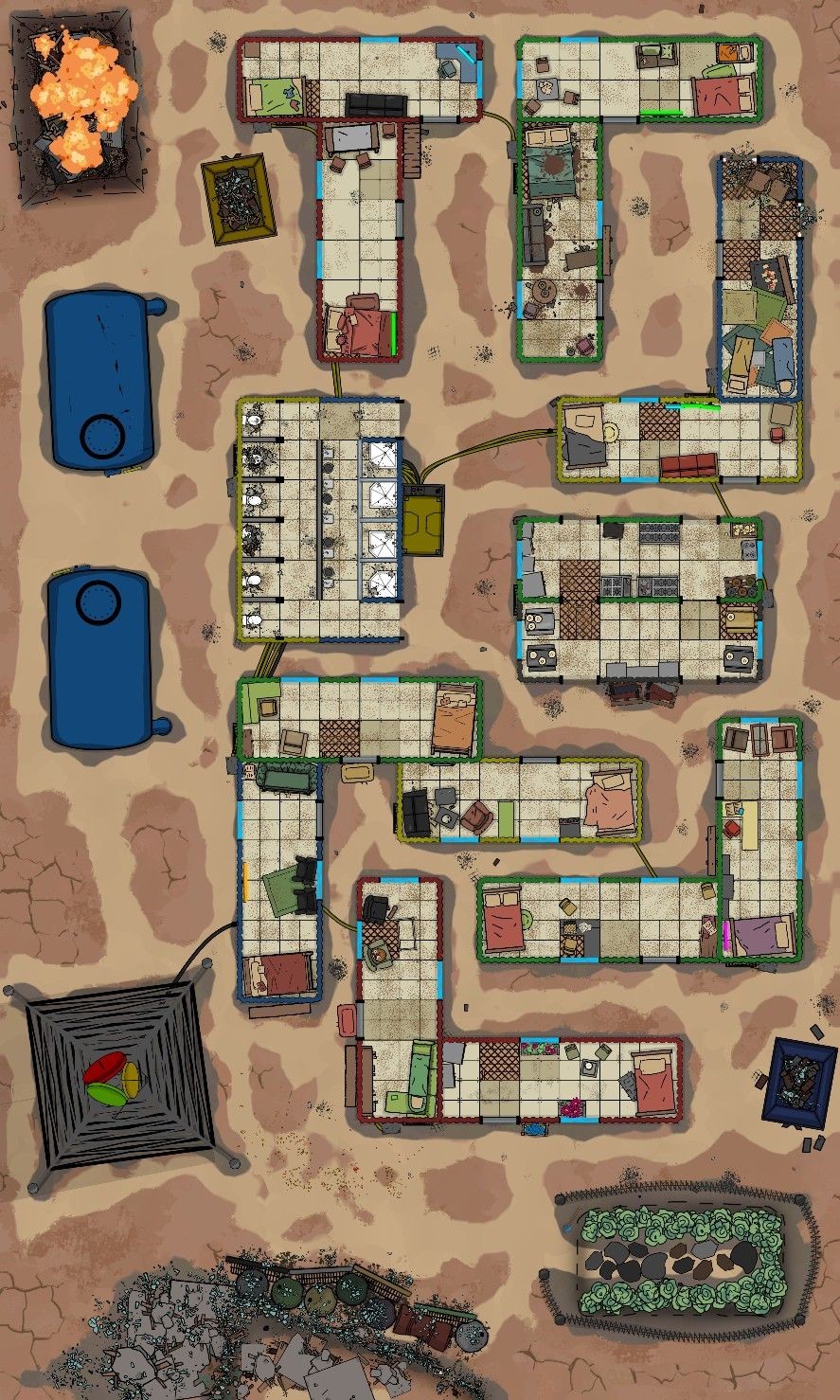 scavenged shelter map, carte de JDR post-apocalyptique (887×1478 pixels) — battlemap pour Roll20 et Foundry VTT.