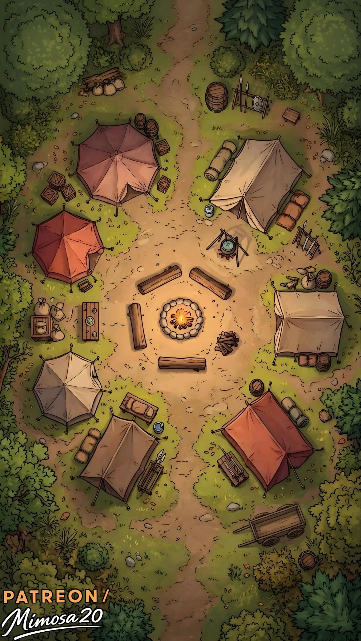 scavenger camp map, carte de JDR post-apocalyptique (1200×2133 pixels) — battlemap pour Roll20 et Foundry VTT.