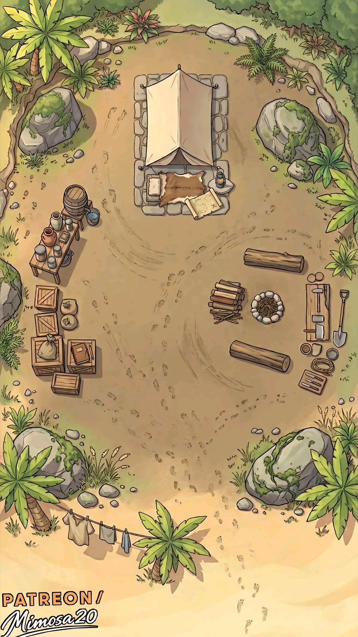 scavenger camp map, carte de JDR post-apocalyptique (1200×2133 pixels) — battlemap pour Roll20 et Foundry VTT.