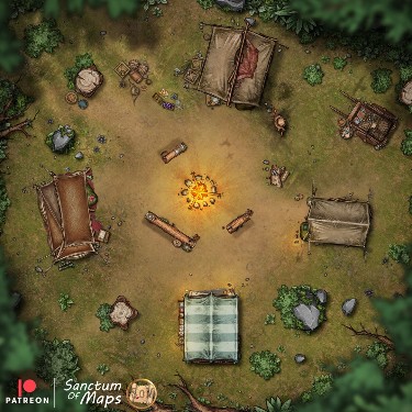 scavenger camp map, carte de JDR post-apocalyptique (375×375 pixels) — battlemap pour Roll20 et Foundry VTT.