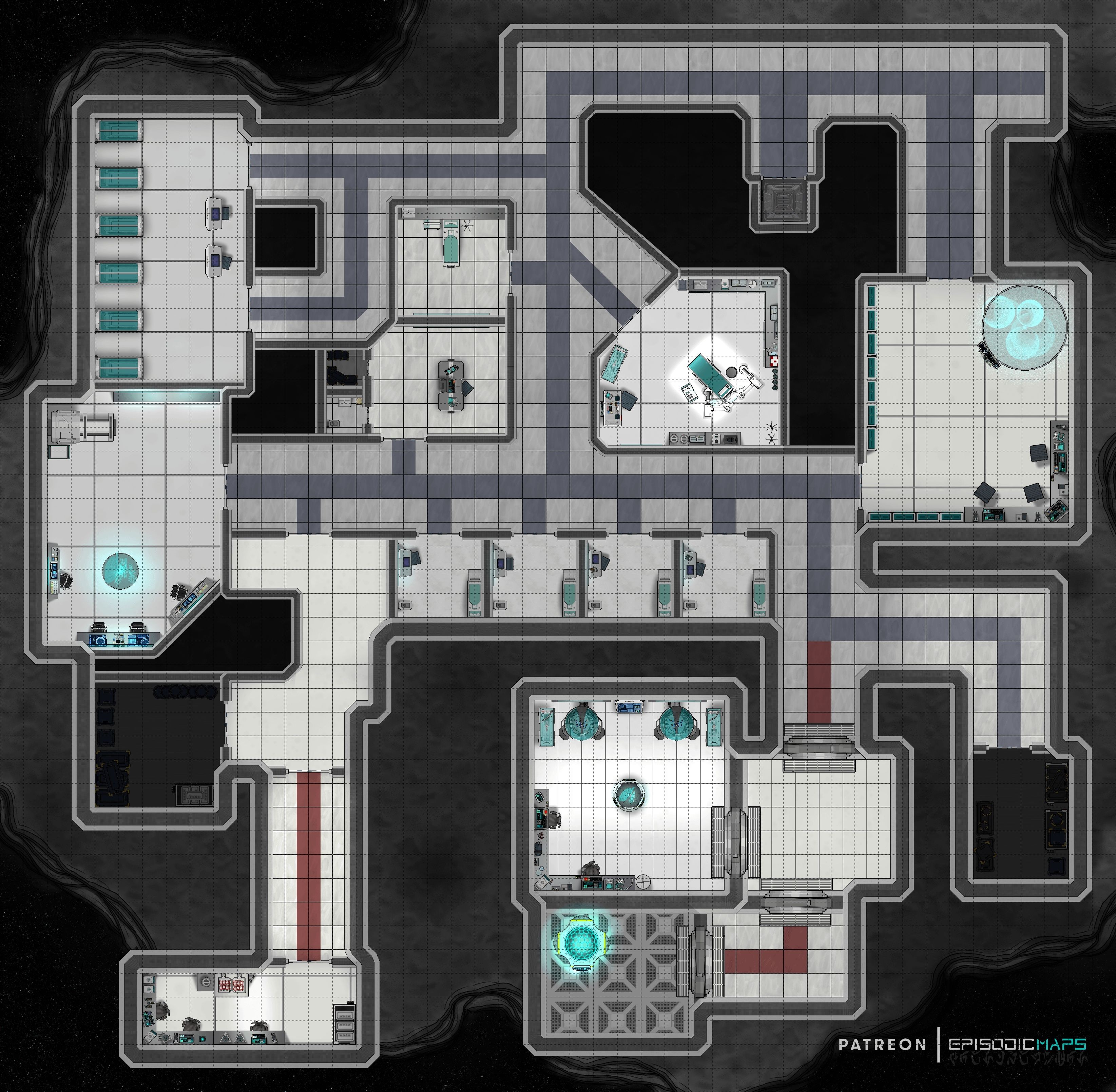 sci-fi base map, carte de JDR science-fiction (3290×3220 pixels) — battlemap pour Roll20 et Foundry VTT.