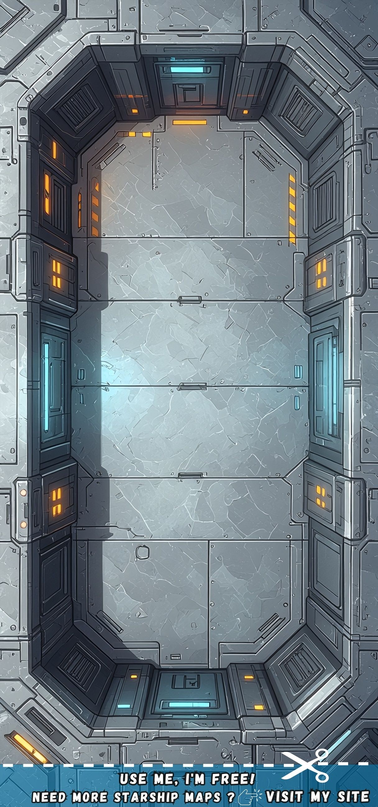 sci-fi corridor map, carte de JDR science-fiction (1216×2592 pixels) — battlemap pour Roll20 et Foundry VTT.