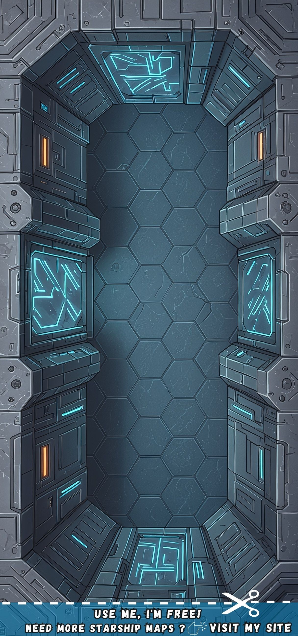 sci-fi corridor map, carte de JDR science-fiction (1216×2592 pixels) — battlemap pour Roll20 et Foundry VTT.