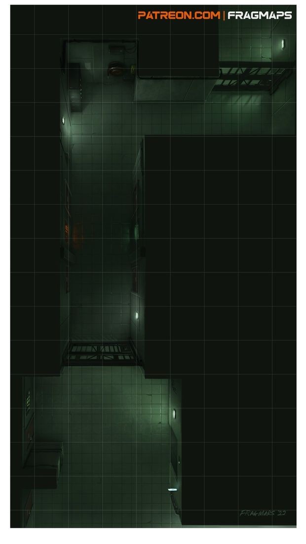 sci-fi corridor map, carte de JDR science-fiction (620×1102 pixels) — battlemap pour Roll20 et Foundry VTT.