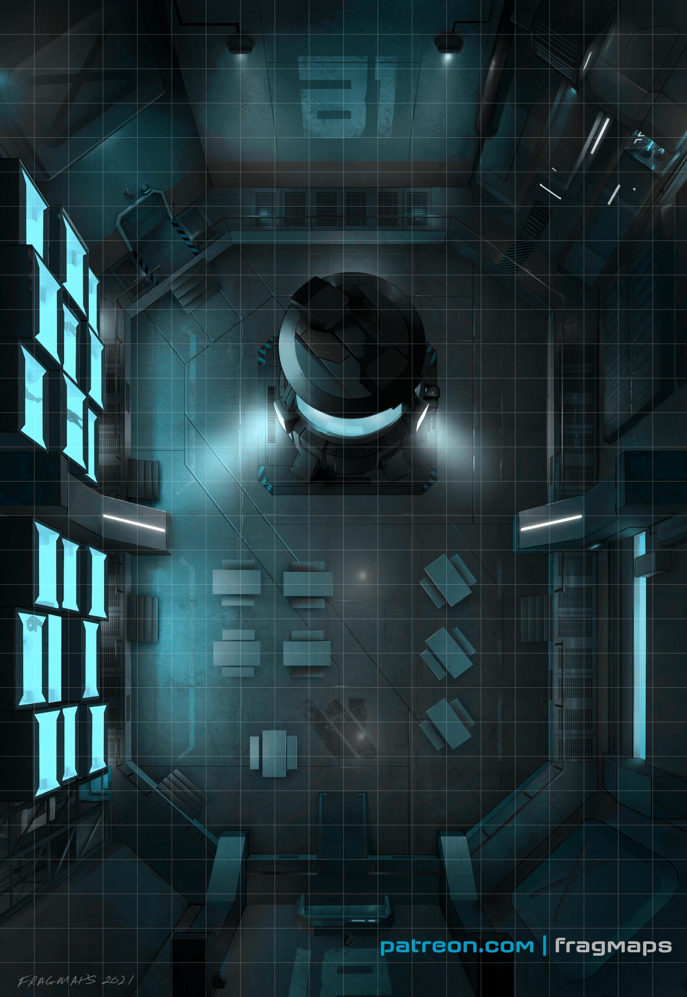 sci-fi corridor map, carte de JDR science-fiction (2200×3190 pixels) — battlemap pour Roll20 et Foundry VTT.