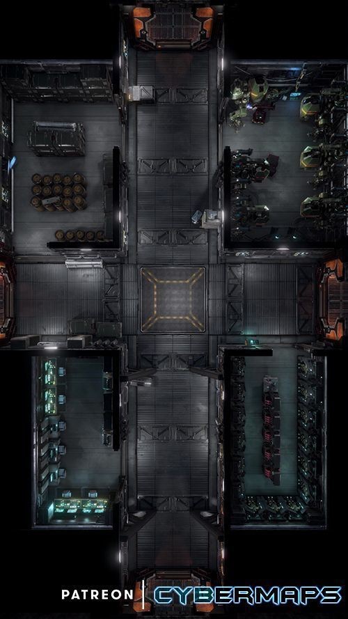 sci-fi corridor map, carte de JDR science-fiction (500×889 pixels) — battlemap pour Roll20 et Foundry VTT.
