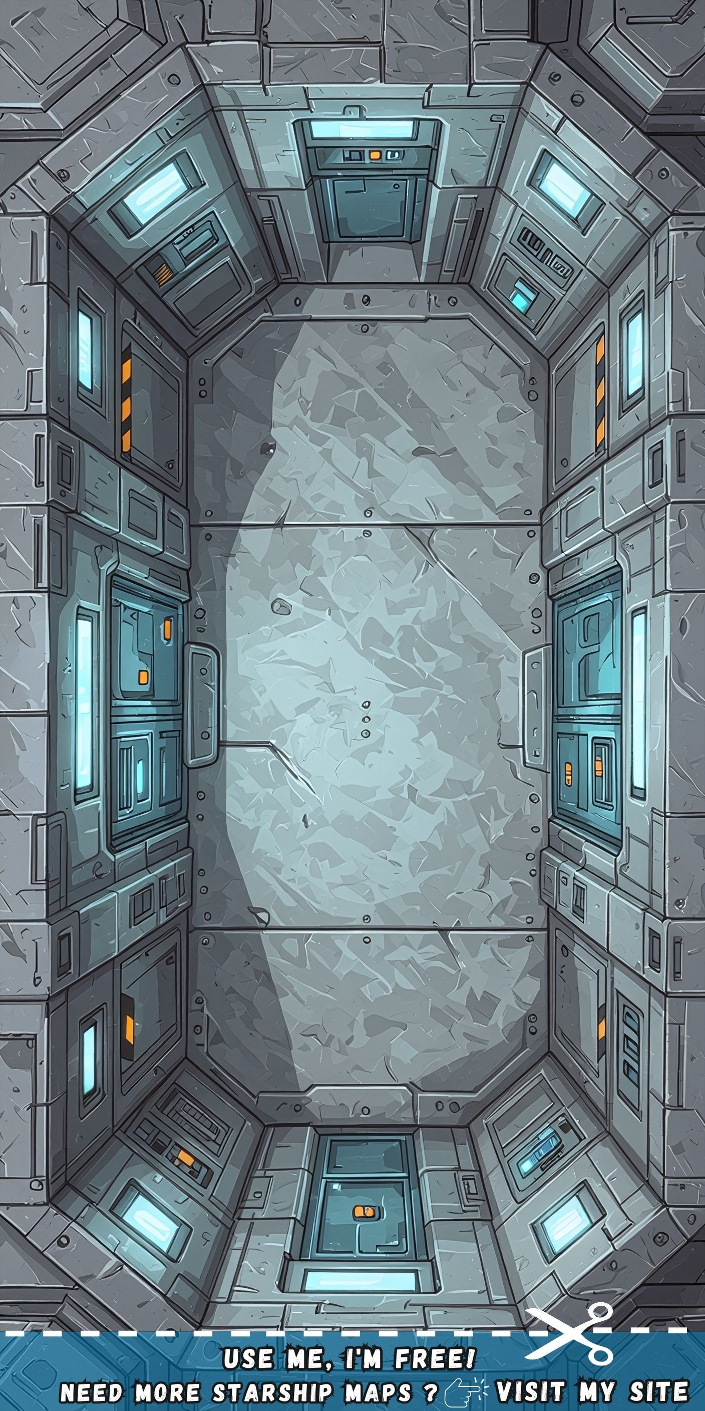 sci-fi corridor map, carte de JDR science-fiction (1408×2816 pixels) — battlemap pour Roll20 et Foundry VTT.