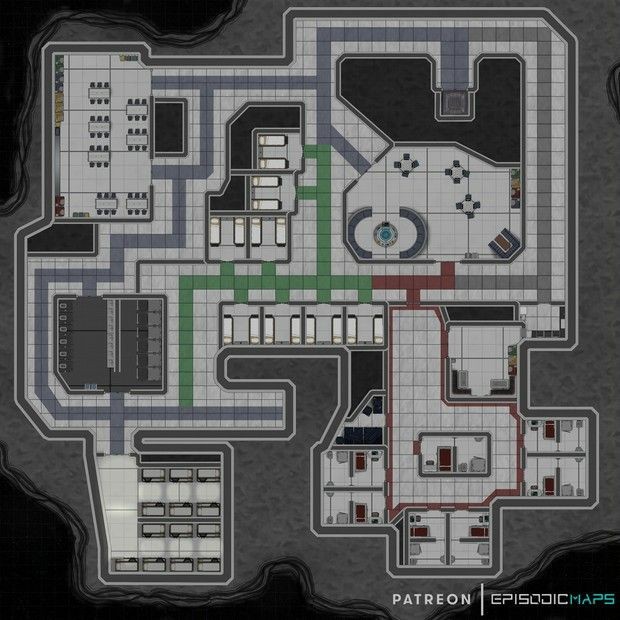 sci-fi corridor map, carte de JDR science-fiction (620×620 pixels) — battlemap pour Roll20 et Foundry VTT.