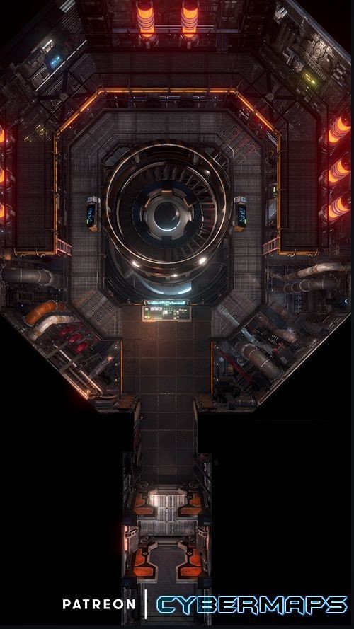 sci-fi engine room map, carte de JDR science-fiction (500×889 pixels) — battlemap pour Roll20 et Foundry VTT.
