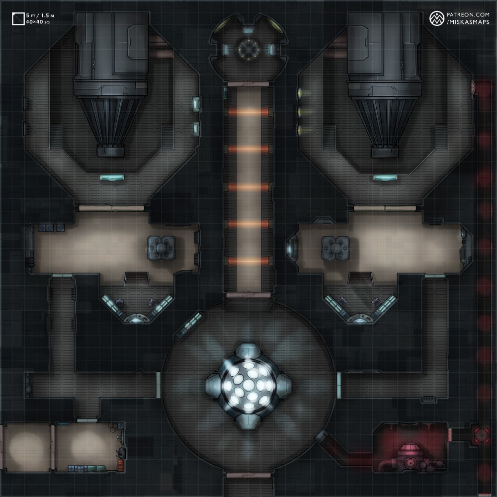 sci-fi engine room map, carte de JDR science-fiction (1000×1000 pixels) — battlemap pour Roll20 et Foundry VTT.