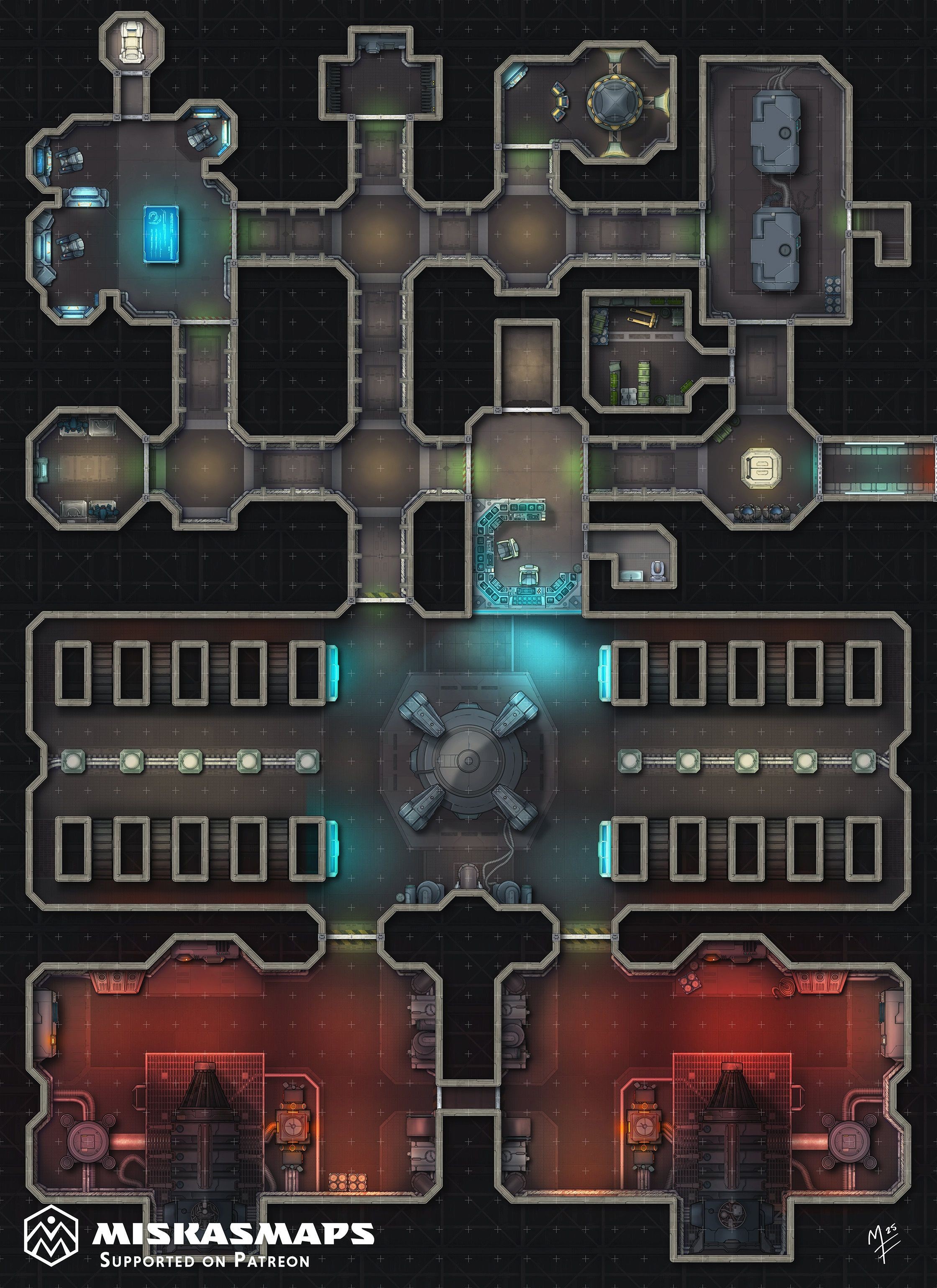 sci-fi engine room map, carte de JDR science-fiction (2240×3080 pixels) — battlemap pour Roll20 et Foundry VTT.