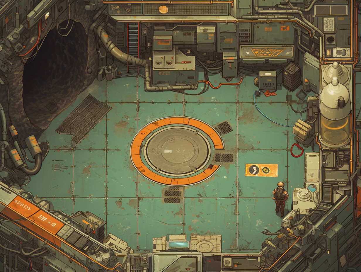 sci-fi engine room map, carte de JDR science-fiction (1232×928 pixels) — battlemap pour Roll20 et Foundry VTT.