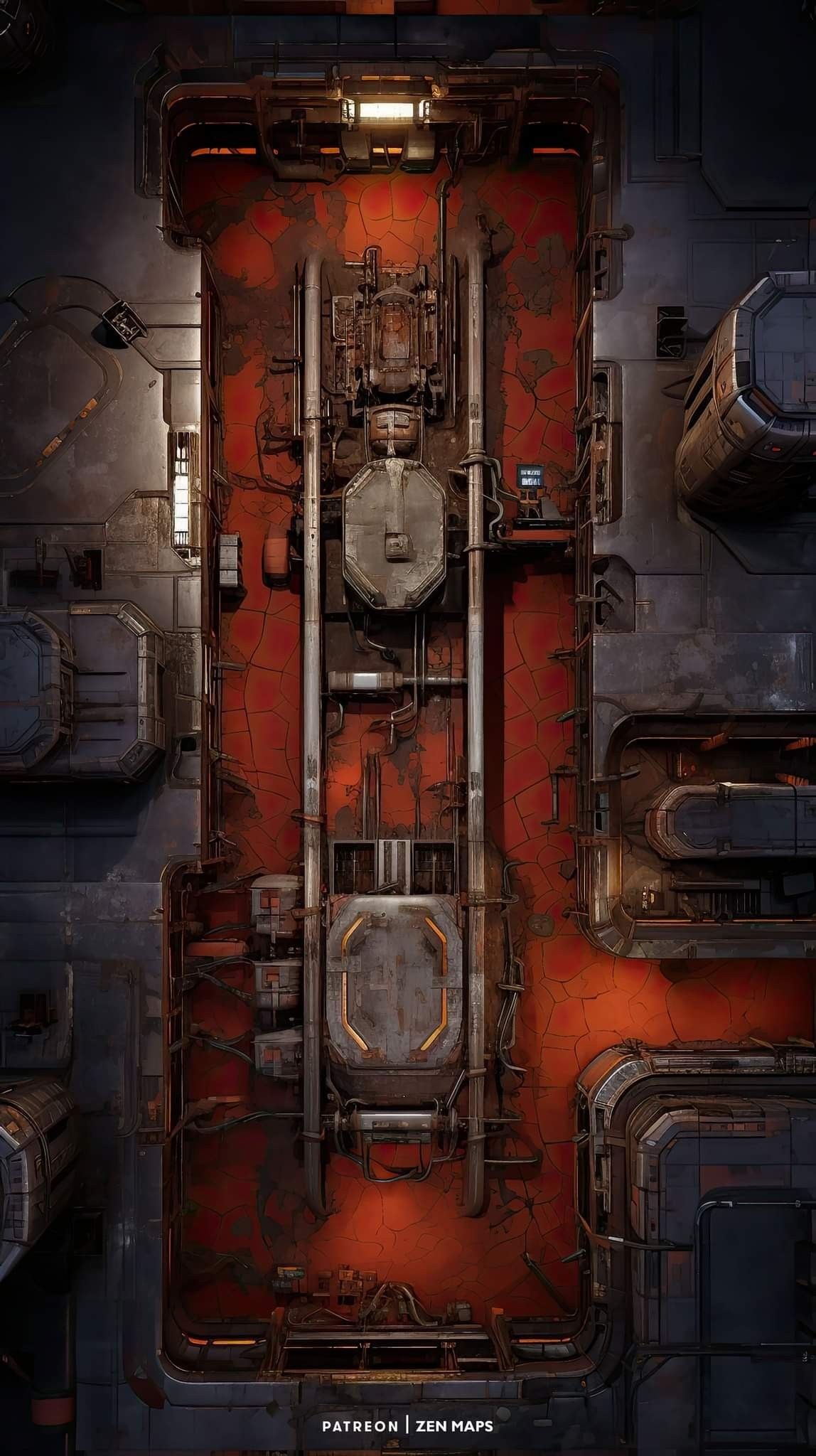 sci-fi engine room map, carte de JDR science-fiction (1148×2048 pixels) — battlemap pour Roll20 et Foundry VTT.