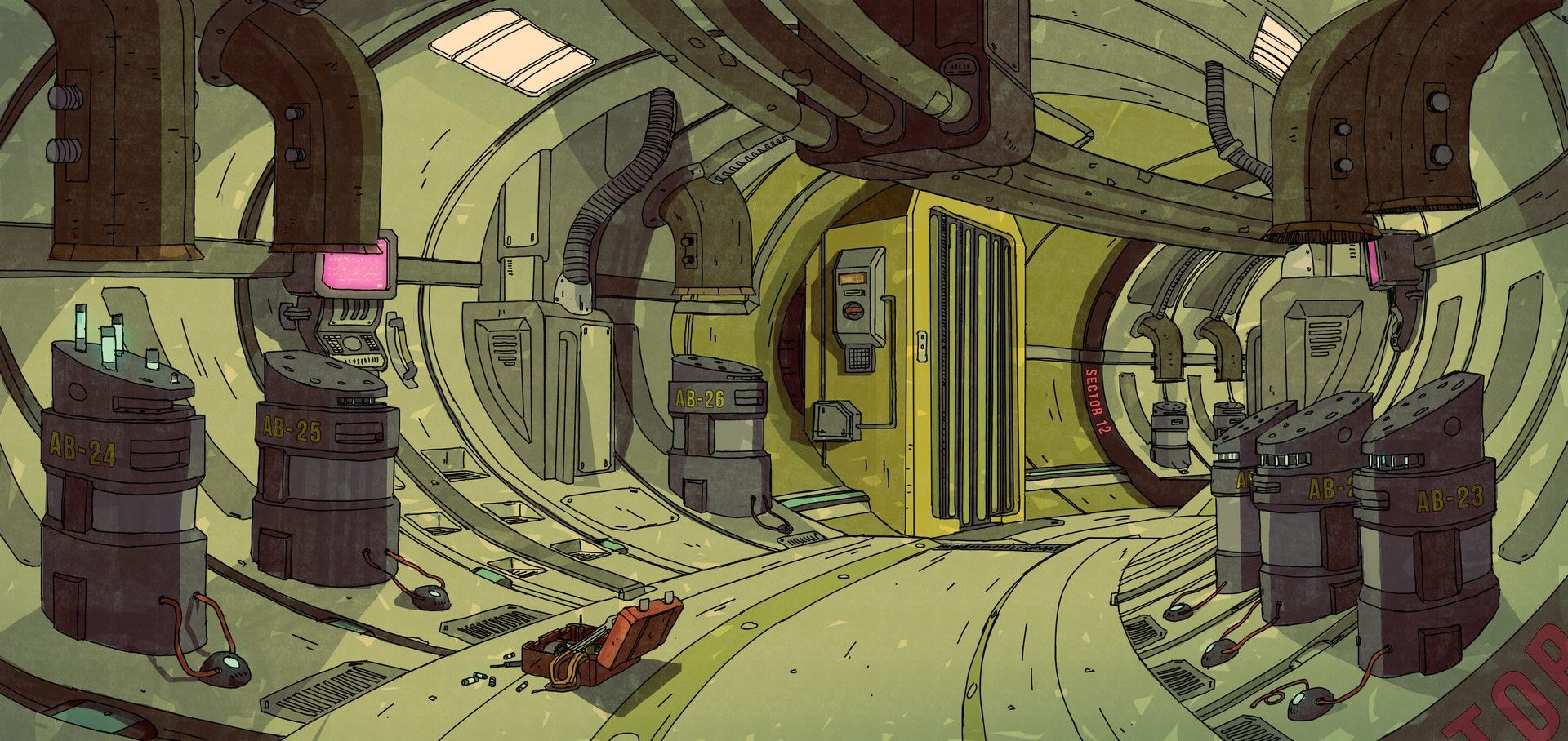 sci-fi engine room map, carte de JDR science-fiction (1920×908 pixels) — battlemap pour Roll20 et Foundry VTT.