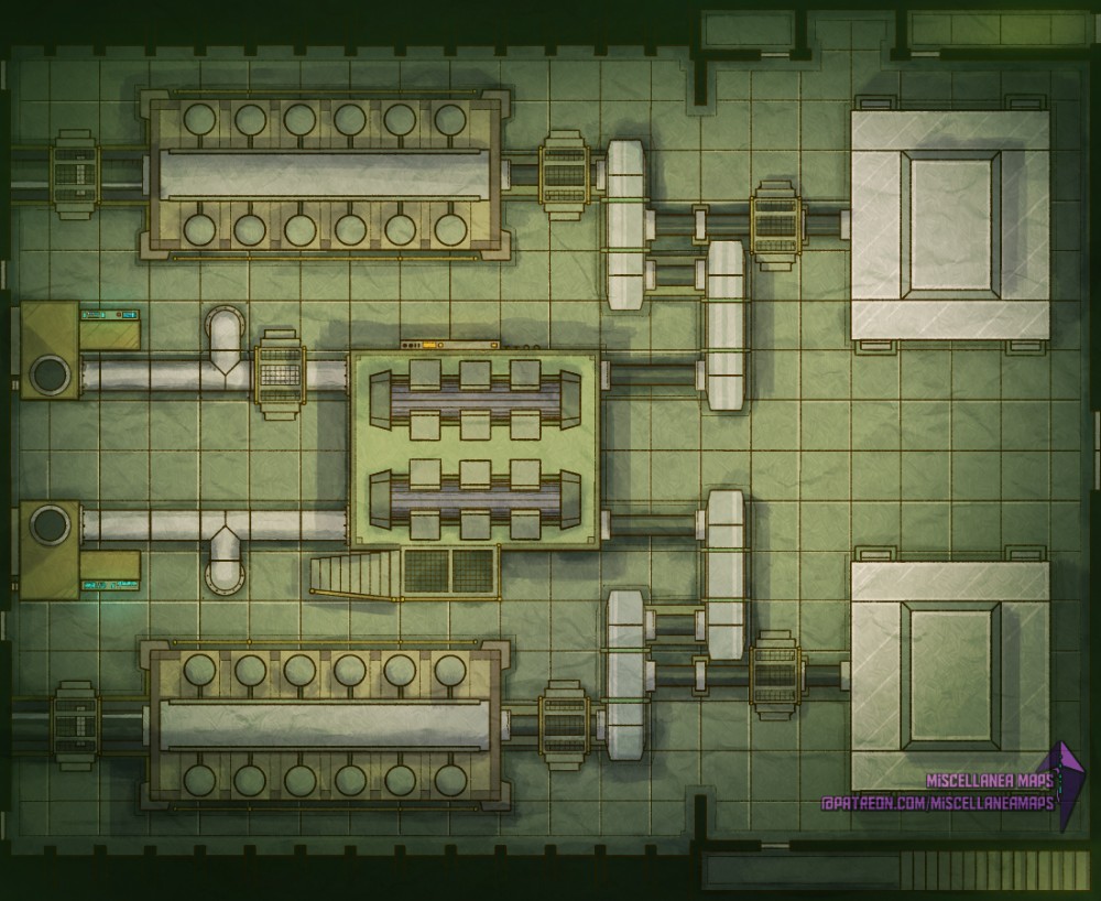 sci-fi engine room map, carte de JDR science-fiction (1000×818 pixels) — battlemap pour Roll20 et Foundry VTT.