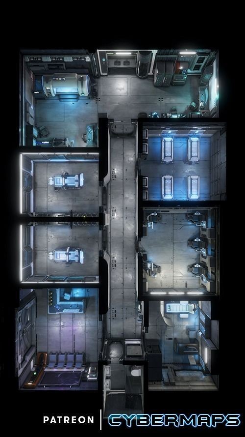 sci-fi medical bay map, carte de JDR science-fiction (500×889 pixels) — battlemap pour Roll20 et Foundry VTT.