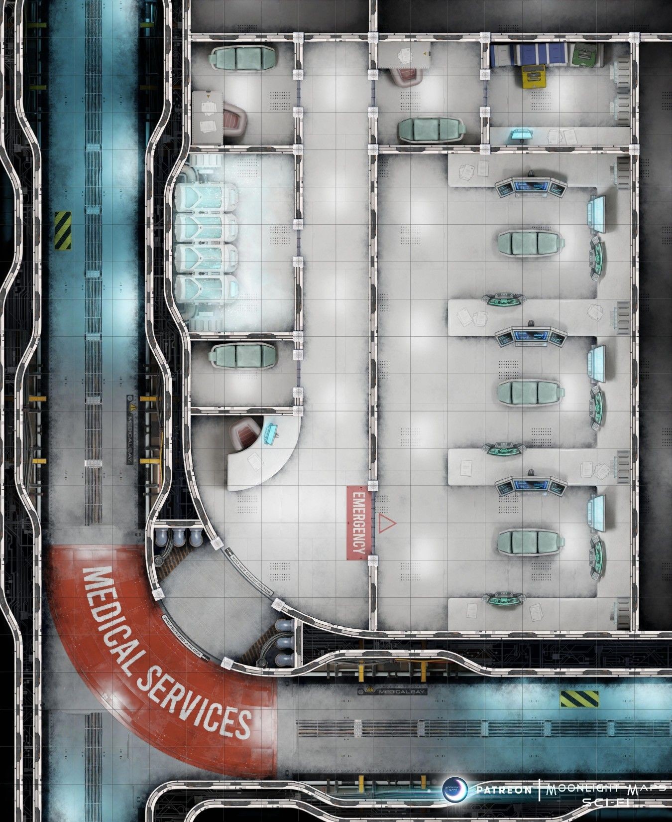 sci-fi medical bay map, carte de JDR science-fiction (1350×1650 pixels) — battlemap pour Roll20 et Foundry VTT.