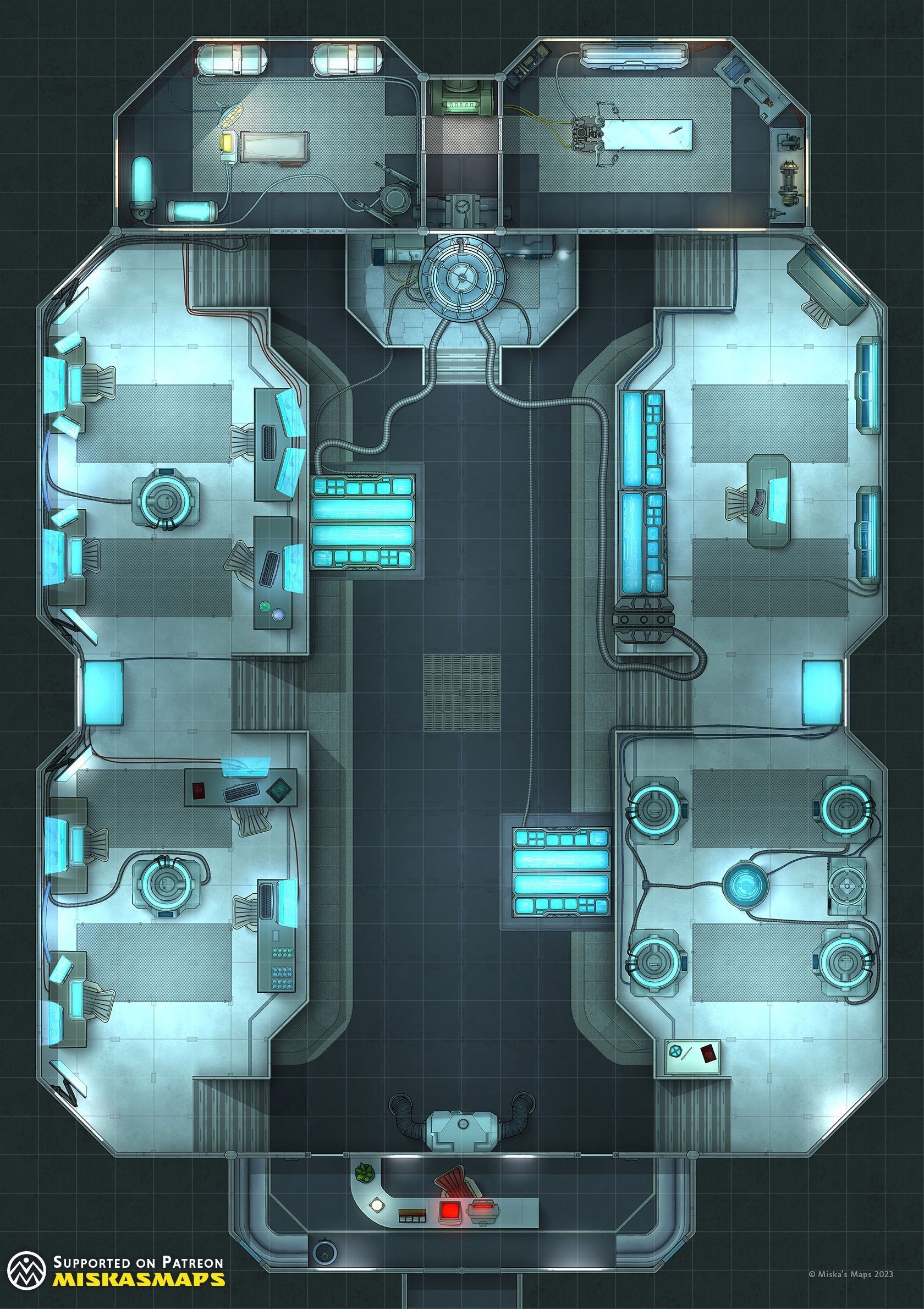 sci-fi medical bay map, carte de JDR science-fiction (1680×2380 pixels) — battlemap pour Roll20 et Foundry VTT.