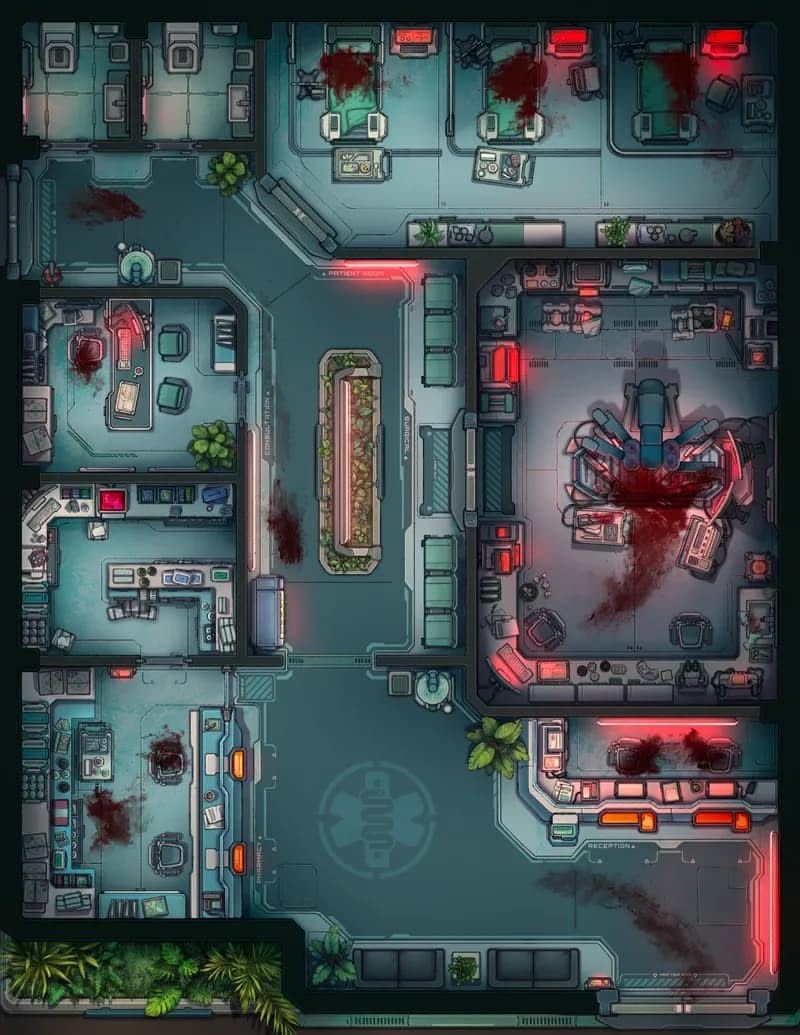 sci-fi medical bay map, carte de JDR science-fiction (800×1035 pixels) — battlemap pour Roll20 et Foundry VTT.