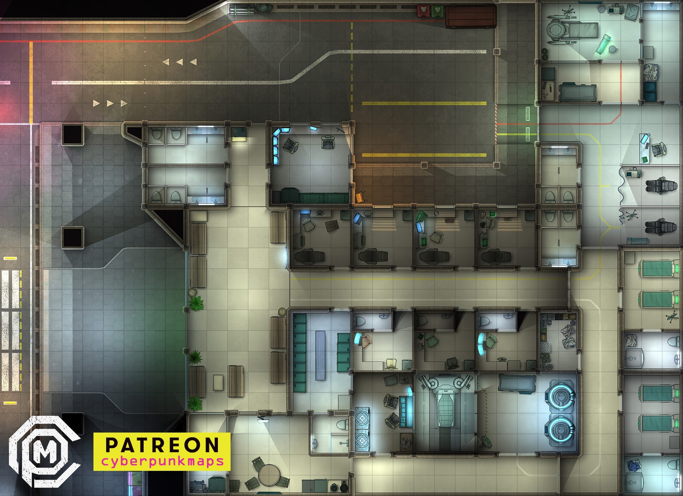 sci-fi medical bay map, carte de JDR science-fiction (2310×1680 pixels) — battlemap pour Roll20 et Foundry VTT.